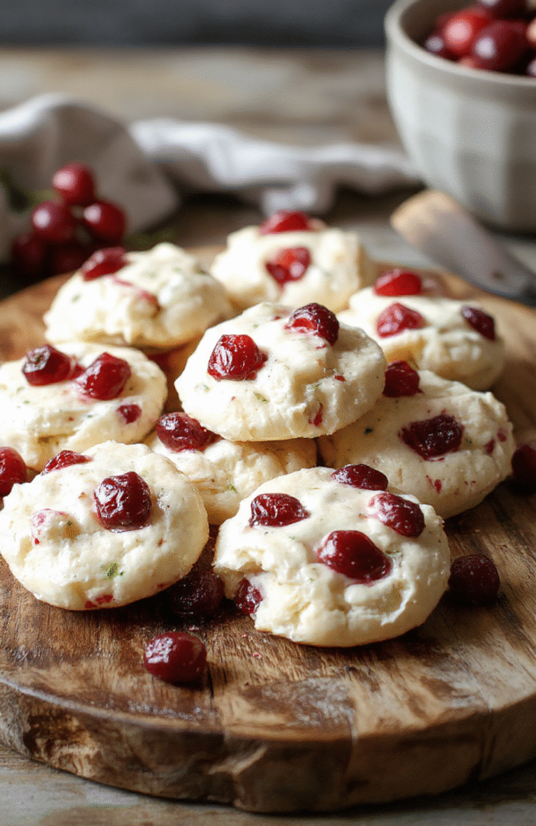 A close-up shot of golden-brown mini pastry cups filled with creamy Brie cheese and topped with vibrant red cranberry sauce, garnished with fresh herbs. The bites are arranged on a rustic wooden platter, their flaky texture contrasting with the glossy sauce and soft cheese, styled simply for a cozy holiday vibe.