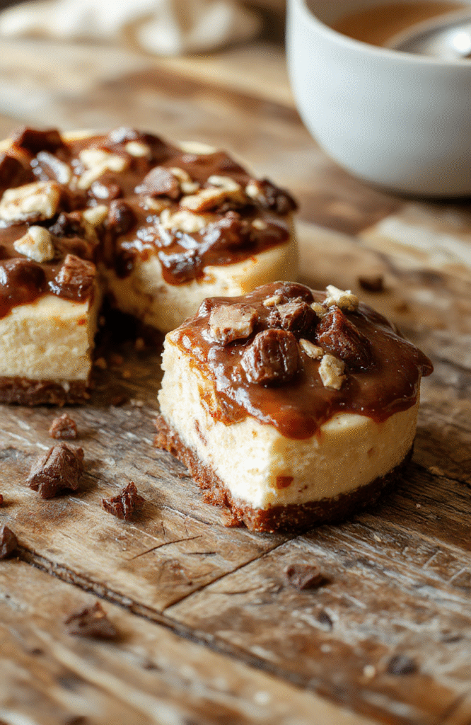 A rich, creamy turtle cheesecake sliced to reveal a smooth caramel and chocolate topping, garnished with pecans and drizzled with extra caramel sauce, styled on a white ceramic plate with a rustic wooden background and soft natural light highlighting the glossy caramel and textured crust.