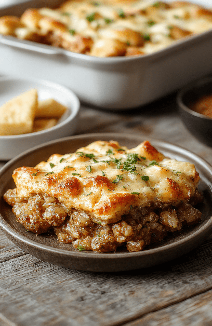 A colorful hobo casserole served in a rustic baking dish, featuring layers of seasoned ground beef, mixed vegetables, and melted cheese, garnished with fresh herbs. The dish is styled on a wooden table with a side of crusty bread and a fork, highlighting the textures and vibrant colors of the ingredients.