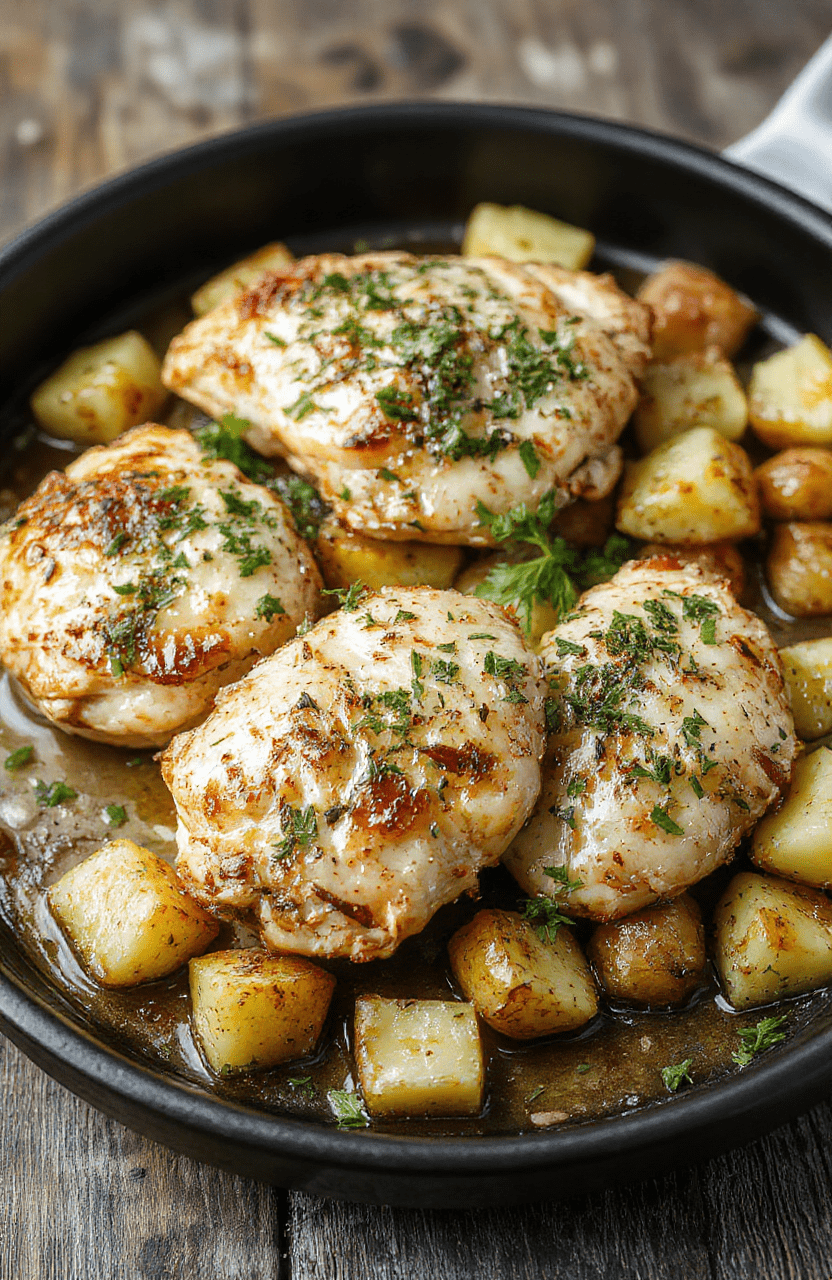 A vibrant plate featuring golden-brown roasted chicken breasts topped with freshly chopped parsley, surrounded by crispy roasted potato wedges coated with garlic and parmesan cheese, served on a rustic wooden table with fresh herbs scattered around.