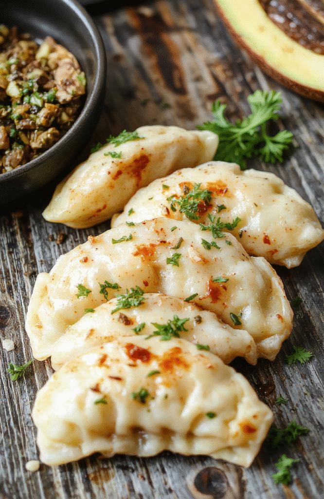 A vibrant plate of golden-brown potstickers arranged on a white ceramic dish, topped with chopped scallions and sesame seeds. The stir fry features colorful vegetables like bell peppers, carrots, and snap peas, coated in a savory sauce with a glossy sheen. The presentation is casual yet inviting, styled with chopsticks and a sprinkle of herbs for an appetizing look.