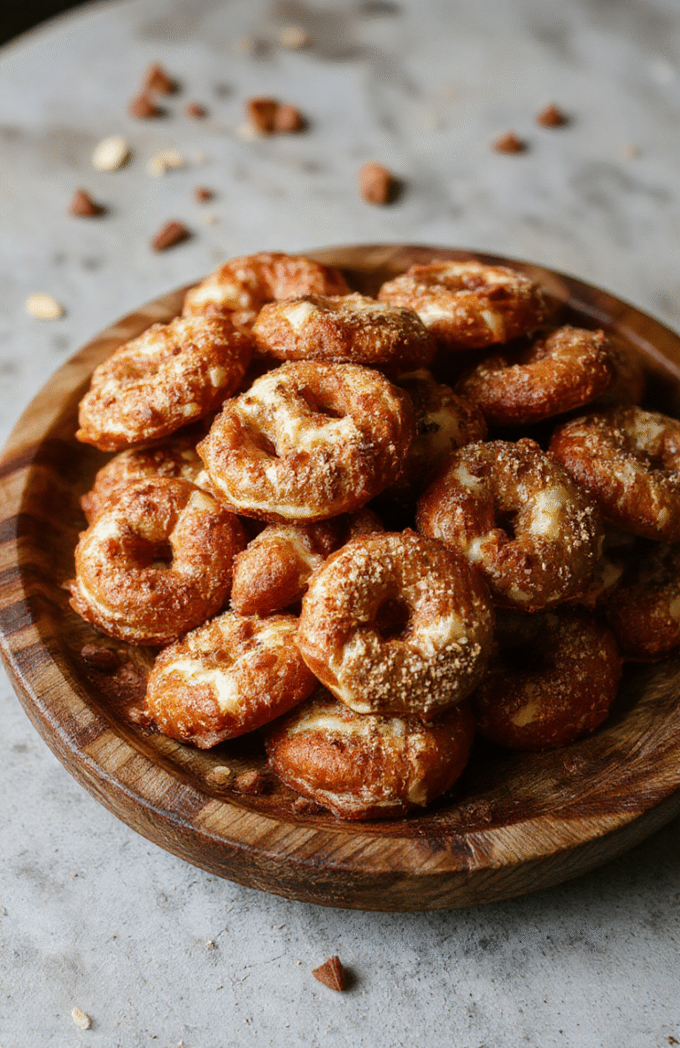 A close-up of golden-brown pretzel bites topped with melted Rolo chocolates and a sprinkle of crushed pretzels, arranged on a rustic wooden plate with a glossy finish, capturing the glossy melted chocolates and crunchy pretzel bits, styled simply for a casual, inviting presentation.