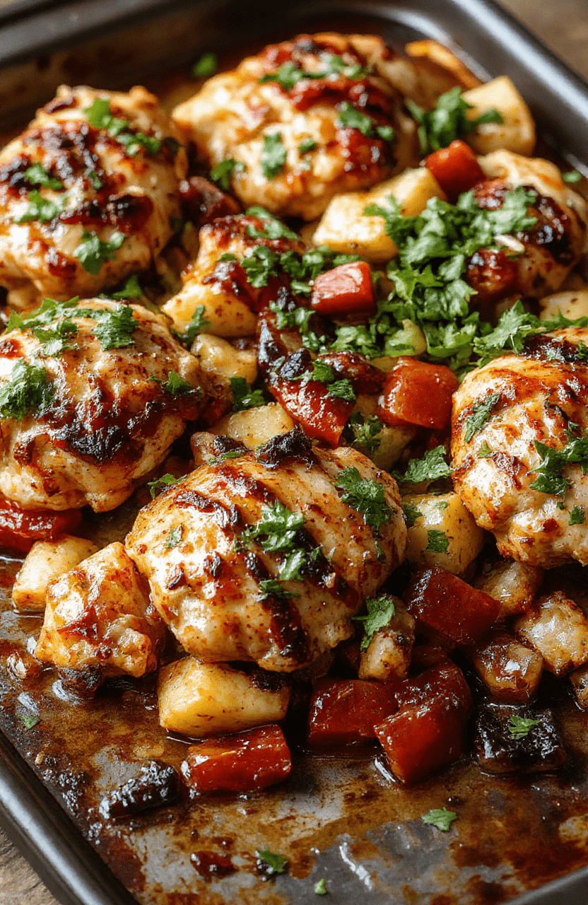 Colorful chicken fajitas on a white sheet pan, with vibrant sliced bell peppers and onions, tender chicken strips, garnished with fresh cilantro, styled simply on a rustic wooden surface