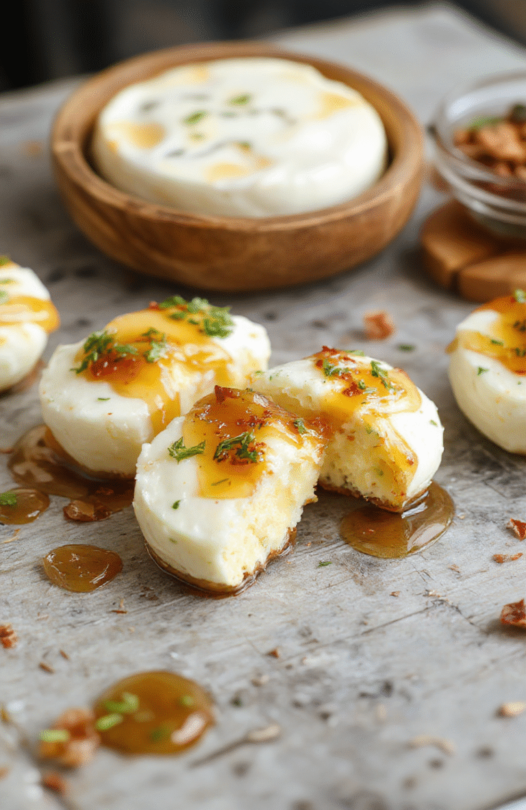 Colorful platter of bite-sized goat cheese topped with golden honey drizzle, garnished with fresh thyme, arranged on a white ceramic plate with a rustic wooden background, highlighting the creamy cheese texture and shiny honey surface.