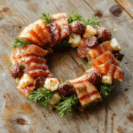Colorful festive charcuterie wreath arranged on a white plate, featuring assorted cured meats, cheeses, olives, grapes, and crackers, all beautifully styled in a circular wreath shape with holiday decorations in the background, showcasing textures and vibrant colors.