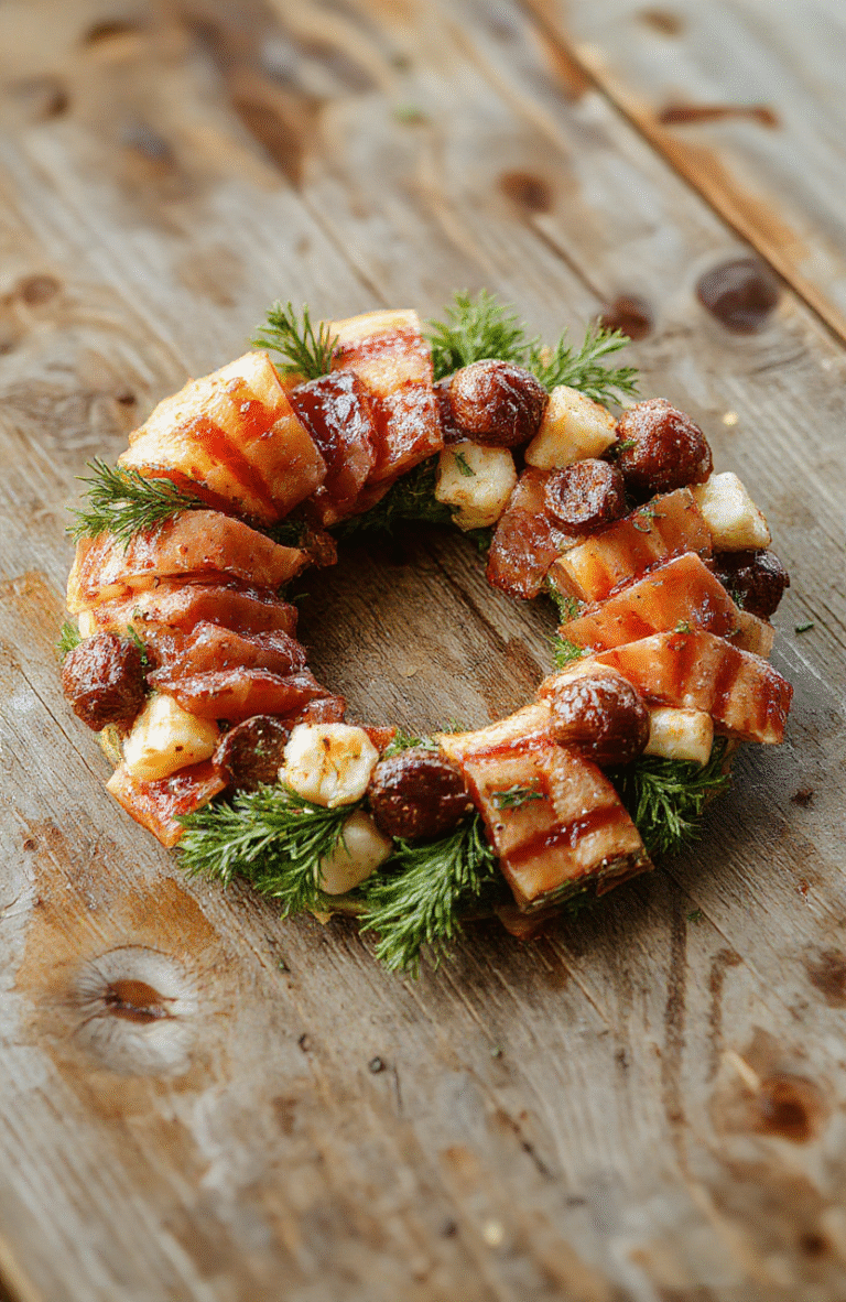 Colorful festive charcuterie wreath arranged on a white plate, featuring assorted cured meats, cheeses, olives, grapes, and crackers, all beautifully styled in a circular wreath shape with holiday decorations in the background, showcasing textures and vibrant colors.
