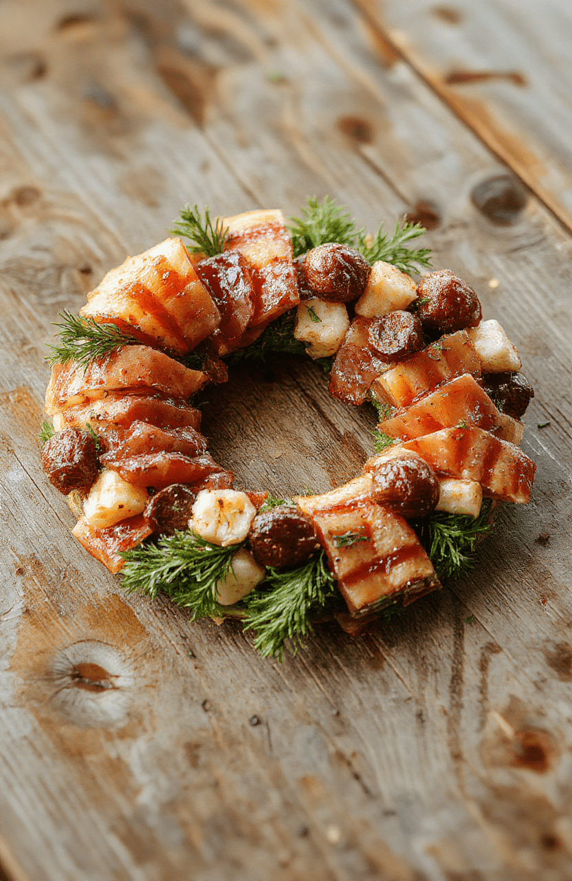 Colorful festive charcuterie wreath arranged on a white plate, featuring assorted cured meats, cheeses, olives, grapes, and crackers, all beautifully styled in a circular wreath shape with holiday decorations in the background, showcasing textures and vibrant colors.