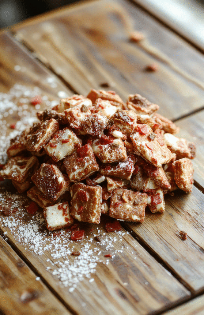 A vibrant bowl of Christmas puppy chow featuring colorful crushed cookies, chocolate, and sprinkles, presented on a rustic wooden surface with a festive backdrop, showing a close-up of the crunchy, chocolate-coated snacks with shiny sprinkles, styled with holiday-themed decorations.