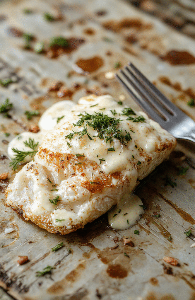 A beautifully plated flaky baked cod fillet topped with a vibrant coconut lemon cream sauce, garnished with fresh herbs on a white plate, with a backdrop of a rustic wooden table and bright natural daylight highlighting the dish's textures and colors.