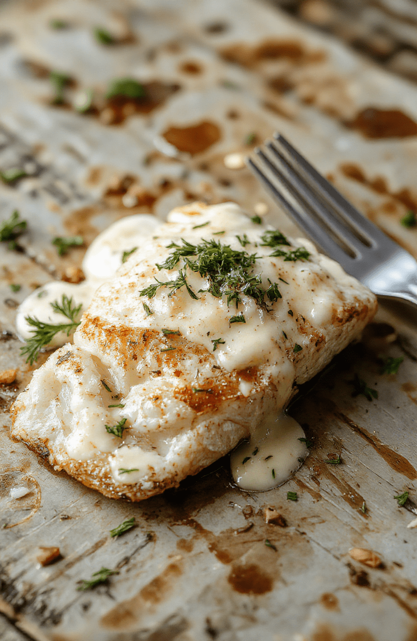 A beautifully plated flaky baked cod fillet topped with a vibrant coconut lemon cream sauce, garnished with fresh herbs on a white plate, with a backdrop of a rustic wooden table and bright natural daylight highlighting the dish's textures and colors.