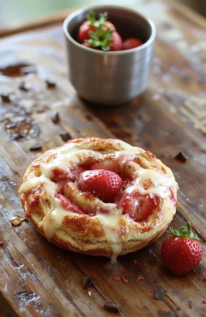 A close-up of a flaky strawberry Danish pastry topped with fresh strawberries and a light glaze, arranged elegantly on a rustic wooden plate with soft natural lighting highlighting the golden, crispy layers and vibrant red berries.