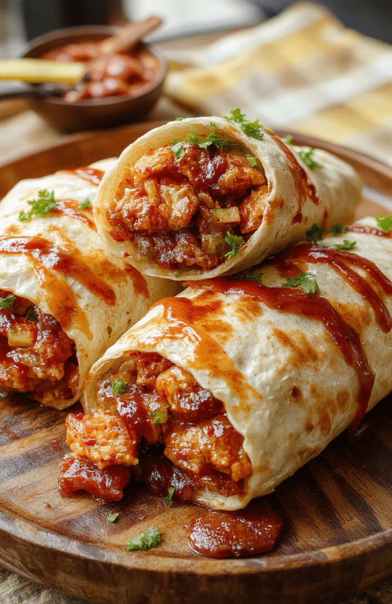 Colorful BBQ chicken wraps arranged on a rustic wooden plate, showing crispy tortillas filled with juicy grilled chicken, vibrant vegetables, and melted cheese, styled casually with fresh herbs garnishing.