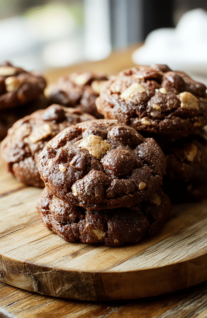A close-up shot of fudgy chewy brownie cookies with cracked shiny tops, stacked on a rustic wooden platter, with a few broken to reveal rich chocolate interior, styled with scattered chocolate chunks for added texture, set against a neutral background.