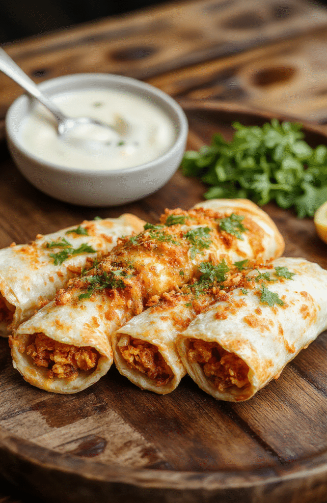 A vibrant plate of golden crunchy taquitos arranged neatly on a rustic wooden board, topped with fresh chopped cilantro and a side of creamy dipping sauce. The crispy shells are textured with a perfect golden hue, filled with seasoned meat and cheese, set against a blurred background of a cozy kitchen.