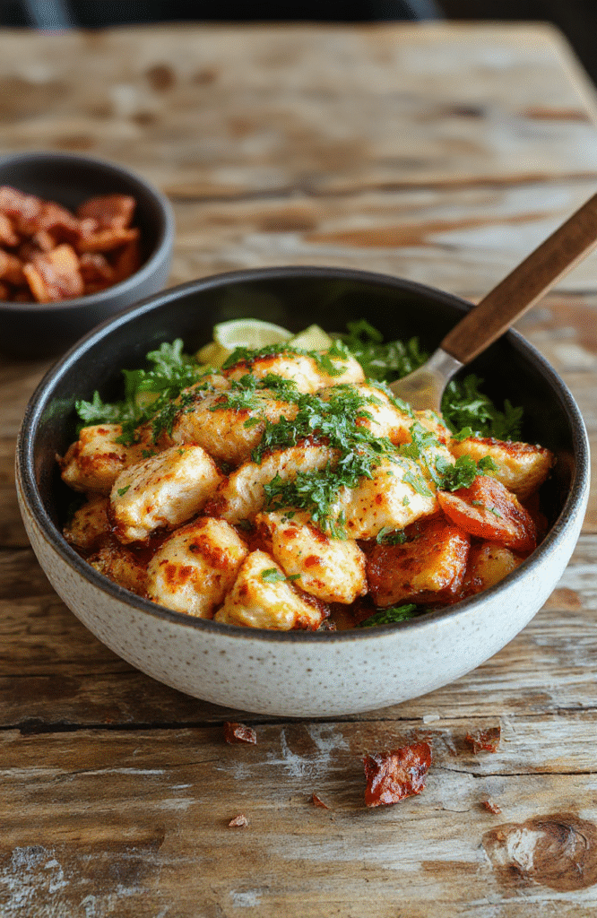 A colorful chicken sweet potato bowl featuring grilled chicken slices atop roasted sweet potato chunks, garnished with fresh herbs. The bowl is vibrant with orange, brown, green, and white colors, styled simply on a white plate with a rustic wooden table background, emphasizing textures and freshness.