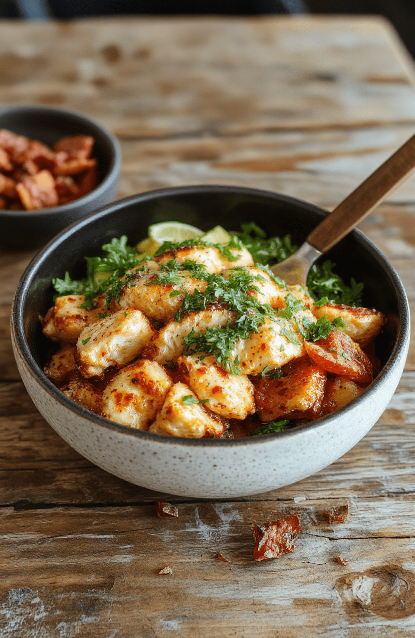 A colorful chicken sweet potato bowl featuring grilled chicken slices atop roasted sweet potato chunks, garnished with fresh herbs. The bowl is vibrant with orange, brown, green, and white colors, styled simply on a white plate with a rustic wooden table background, emphasizing textures and freshness.