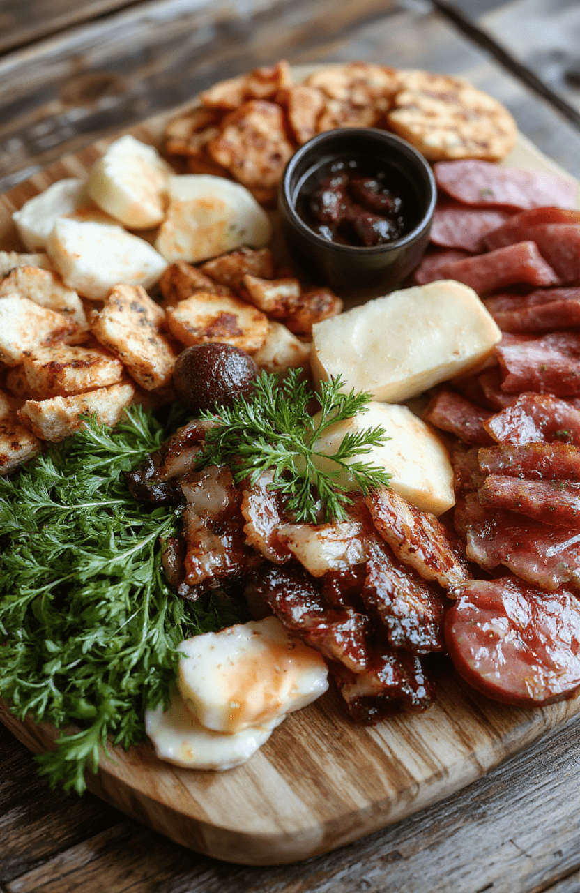 Vivid and colorful charcuterie board featuring an assortment of cheeses, cured meats, fresh fruits, nuts, and crackers artistically arranged on a rustic wooden platter, styled with small bowls of dips and garnishes, vibrant reds, yellows, and greens pop against the natural wood background, with a soft-focus blurred background for a casual and inviting look.
