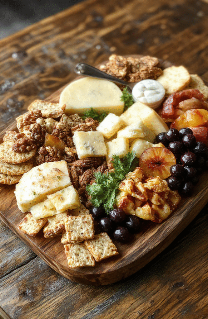 A beautifully arranged cheese board featuring assorted cheeses, fresh fruits, nuts, and artisan crackers, styled on a rustic wooden tray with vibrant colors and varied textures, perfect for elegant entertaining.