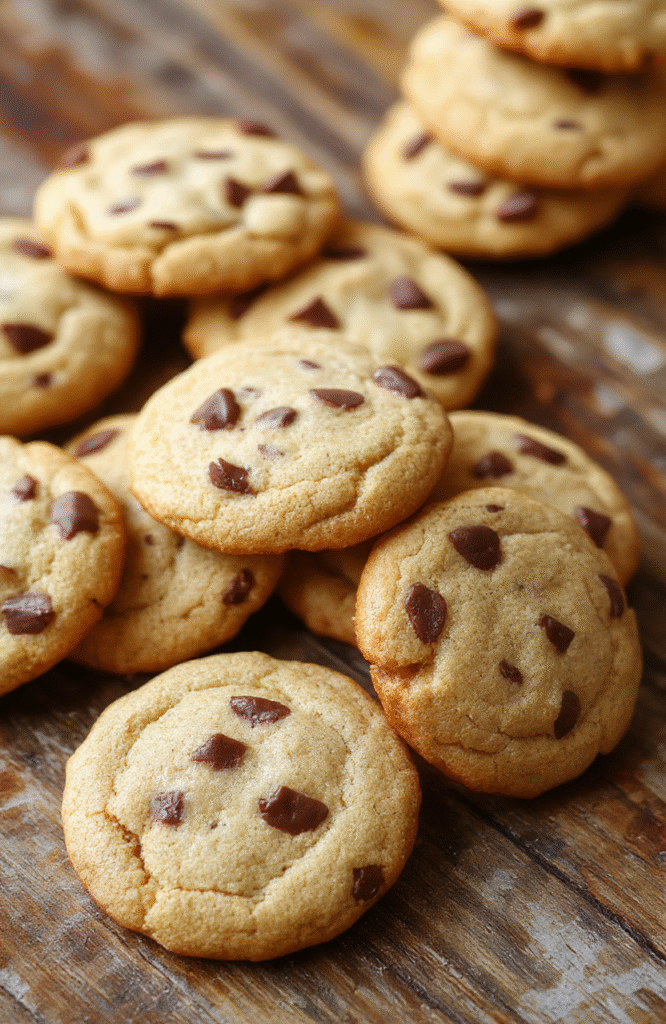 A close-up of golden brown cowboy cookies with chocolate chips and nuts, arranged on a rustic wooden platter, with a few cookies stacked and some broken to show melting chocolate, styled casually with a soft focus background and natural light.