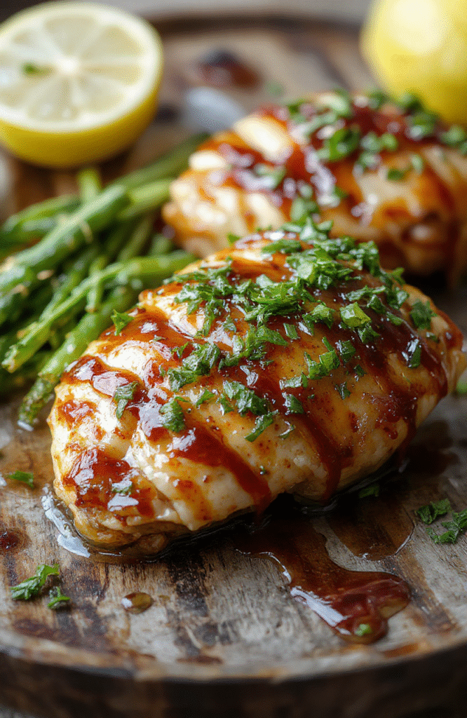 A beautifully plated lemon honey glazed chicken breast garnished with fresh lemon slices and herbs, served on a rustic white plate with a golden caramelized glaze, surrounded by fresh lemon halves and sprigs of thyme, with a textured neutral background.