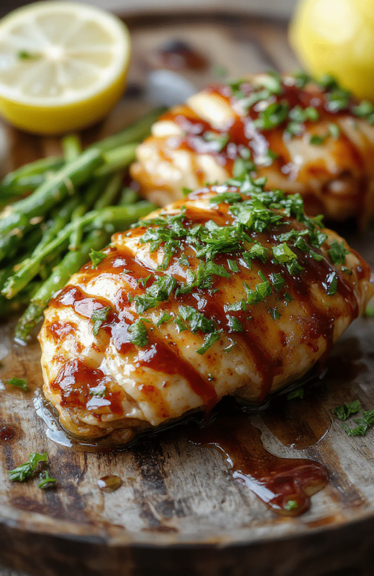 A beautifully plated lemon honey glazed chicken breast garnished with fresh lemon slices and herbs, served on a rustic white plate with a golden caramelized glaze, surrounded by fresh lemon halves and sprigs of thyme, with a textured neutral background.