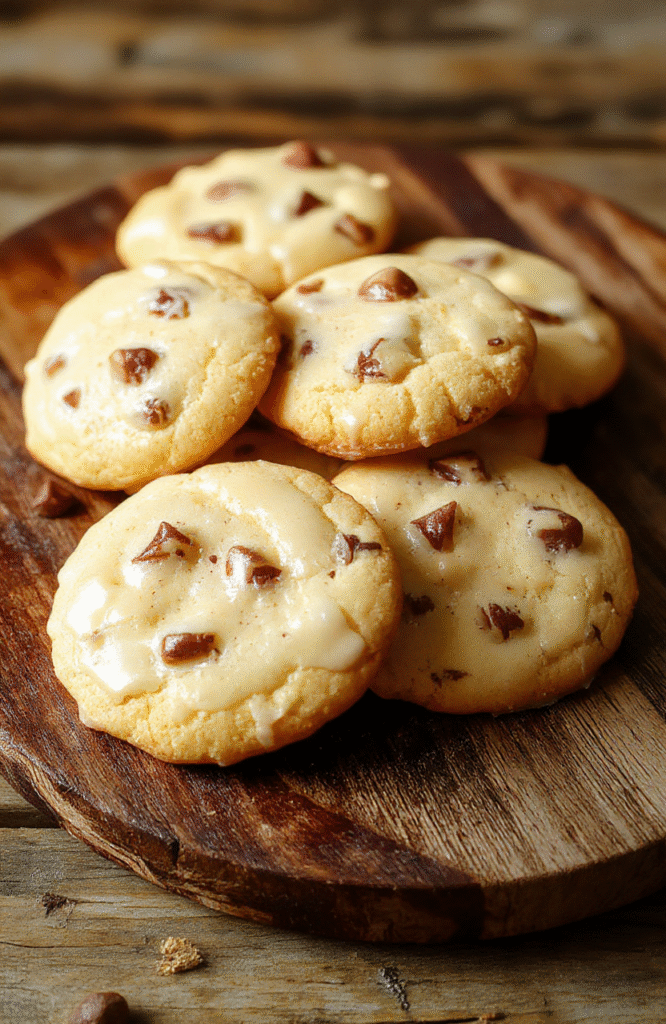 A close-up of vibrant golden butterbeer cookies layered on a rustic wooden platter, garnished with tiny edible gold dust and whimsical candy decorations, with a blurred cozy background hinting at a warm kitchen ambiance.