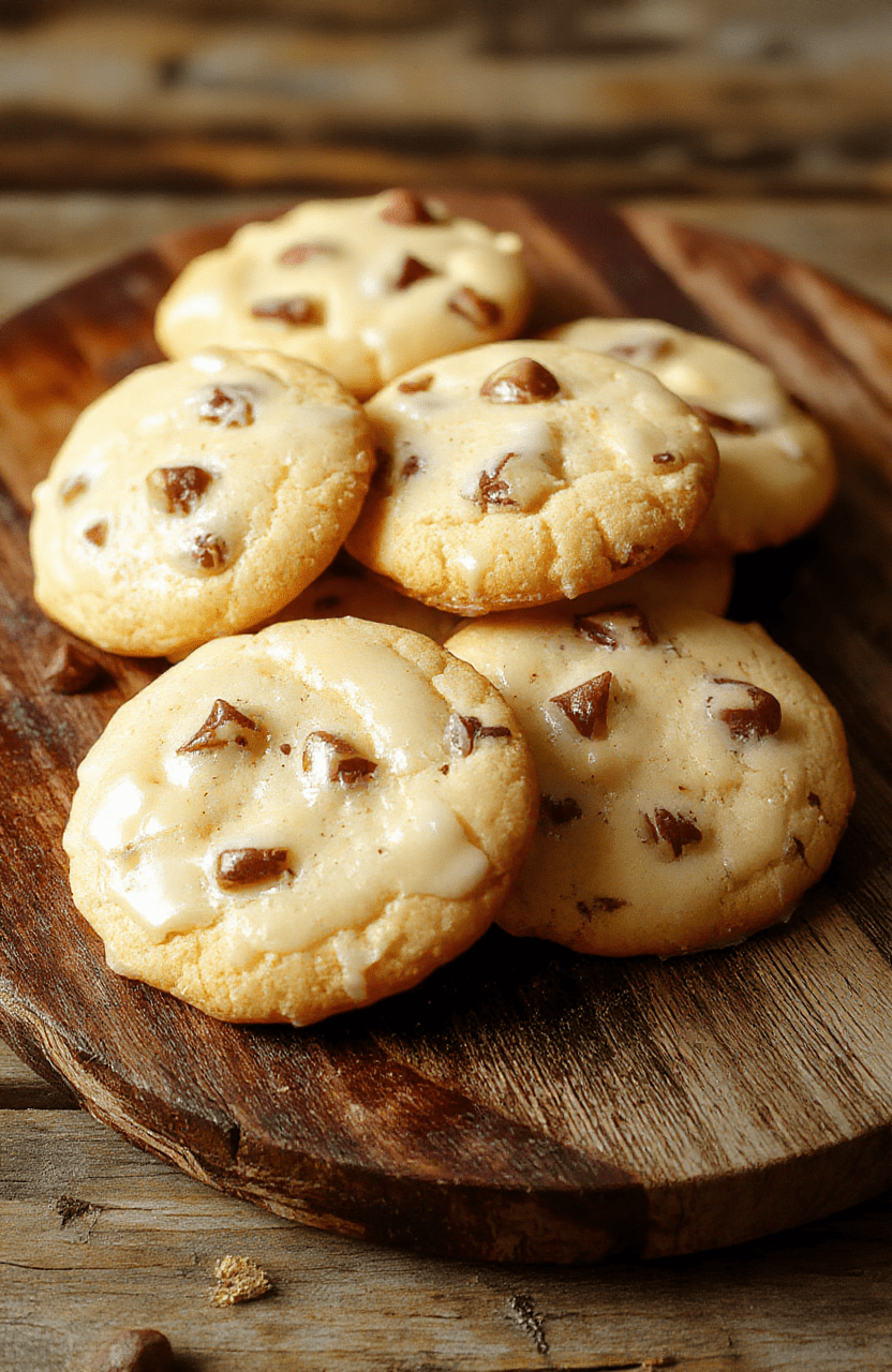 A close-up of vibrant golden butterbeer cookies layered on a rustic wooden platter, garnished with tiny edible gold dust and whimsical candy decorations, with a blurred cozy background hinting at a warm kitchen ambiance.