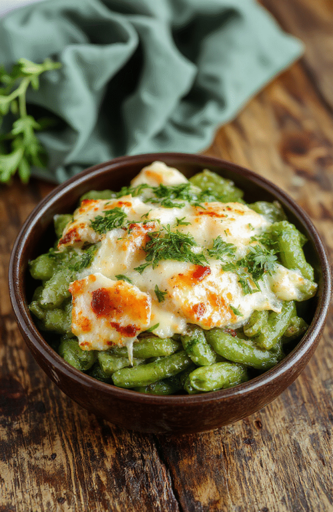 A vibrant green bean casserole served in a white ceramic baking dish, topped with crispy fried onions, surrounded by fresh green beans, shiny butter sauce, and subtle holiday decorations in the background, styled for a cozy family dinner.