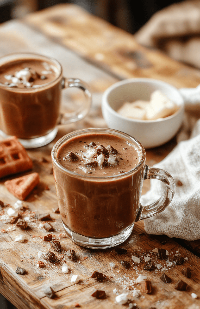 Colorful hot chocolate bar setup with mugs, marshmallows, whipped cream, chocolate shavings, and cinnamon sticks on a rustic wooden table, inviting and vibrant, styled for a cozy winter party