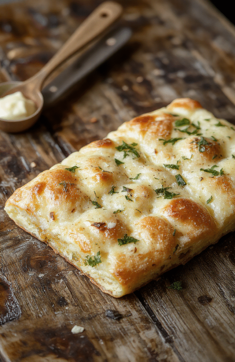 A golden-brown, soft garlic focaccia bread topped with fresh herbs and garlic slices, styled on a rustic wooden board with olive oil drizzled nearby, showcasing its fluffy interior and crispy crust, vibrant green herbs complement the warm bread, textured surface with visible air bubbles and aromatic herbs, styled casually for an inviting presentation