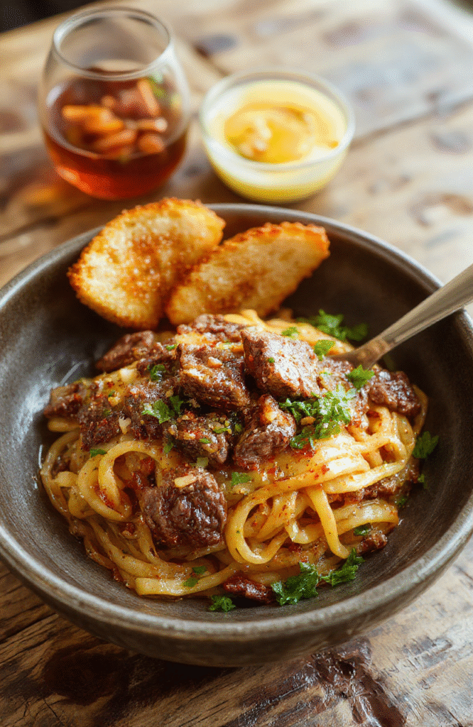 A vibrant plate featuring stir-fried ground beef mixed with rich sauce, atop a bed of tender noodles garnished with chopped green onions and sesame seeds, styled simply on a rustic wooden surface.