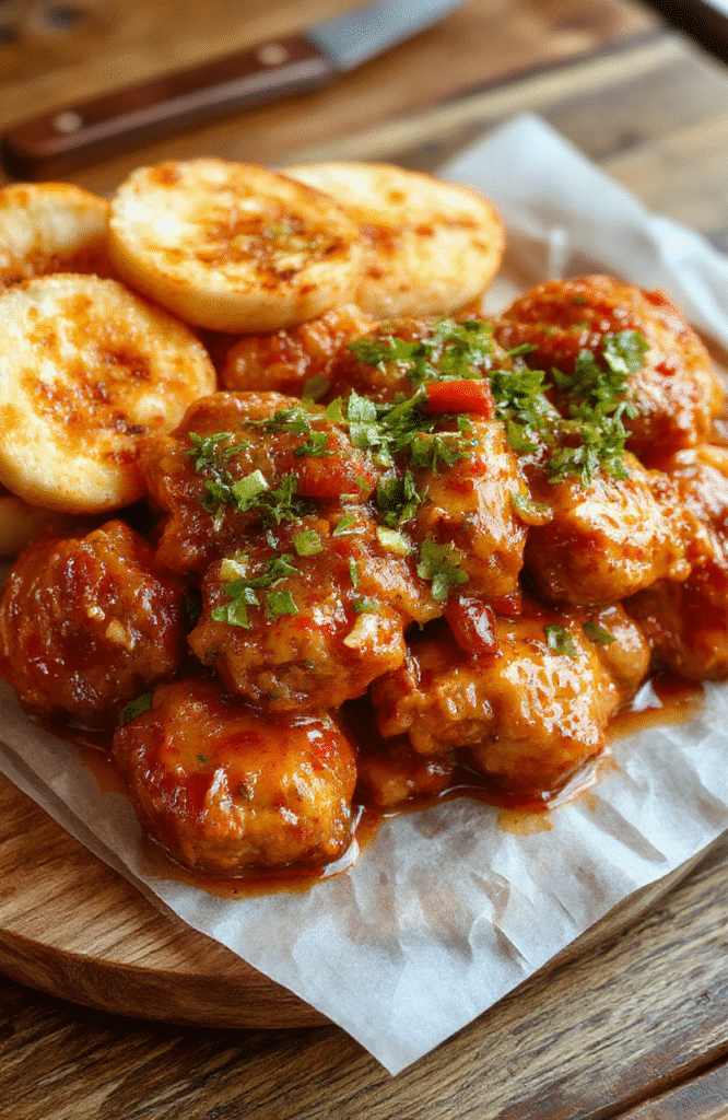 Colorful plate featuring golden-brown chicken pieces coated in vibrant red sweet chili sauce, garnished with fresh green herbs and sliced red chilies, styled on a rustic wooden surface with a casual, inviting vibe.
