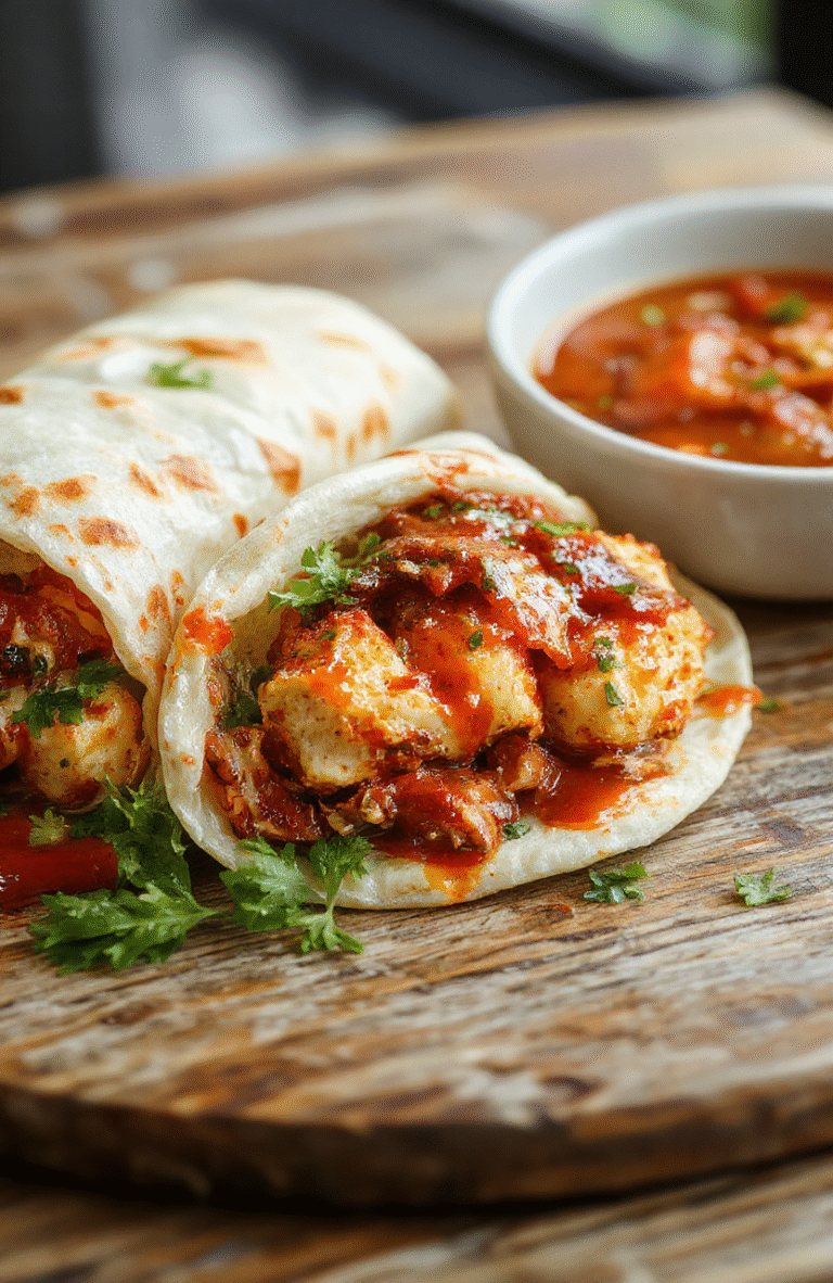 A close-up of vibrant chicken wraps with glossy sweet chili sauce drizzled over tender shredded chicken, crisp lettuce, and colorful vegetables tightly rolled in soft tortillas, styled on a rustic wooden table with natural daylight highlighting the textures and fresh ingredients.