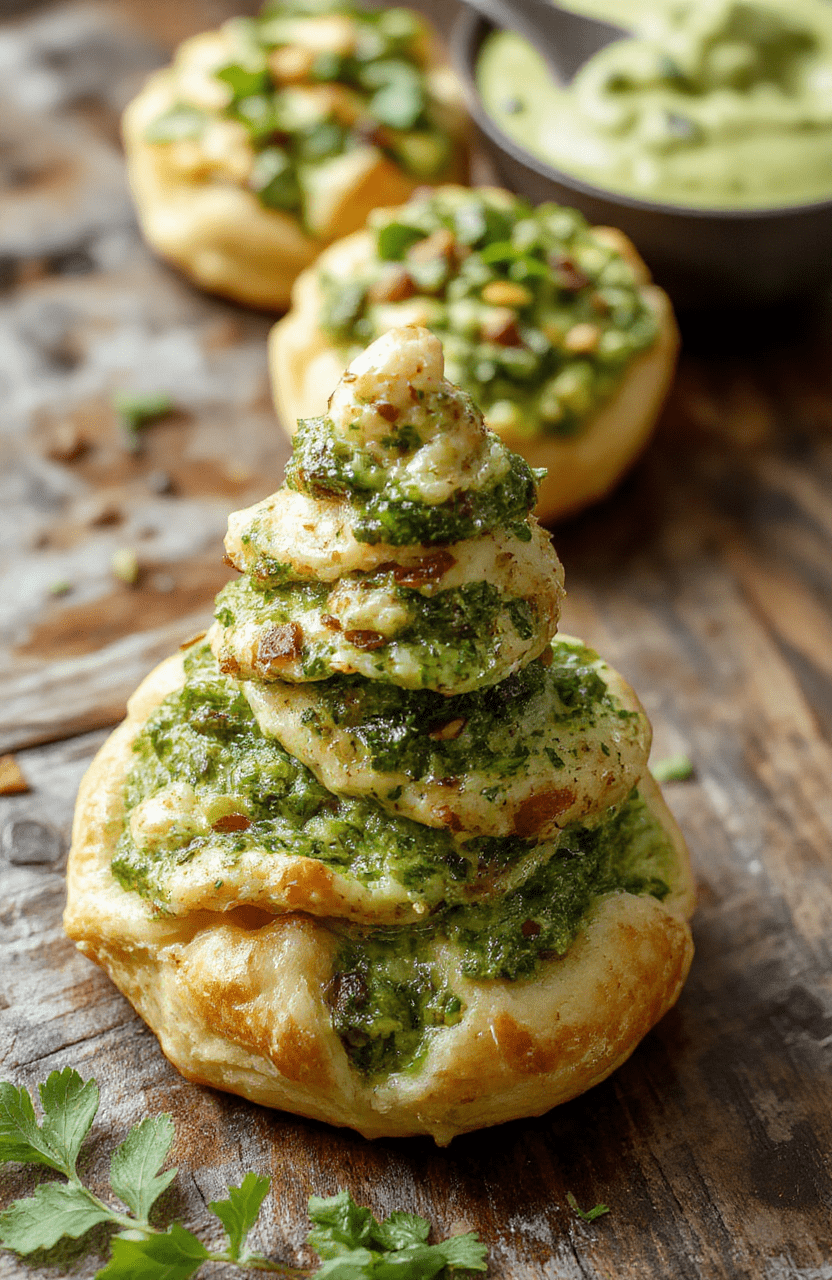 A beautifully arranged puff pastry tree topped with vibrant green pesto, garnished with cherry tomatoes and fresh herbs, showcasing flaky layers and a crispy golden-brown crust, styled on a rustic wooden surface with a hint of holiday decor in the background.