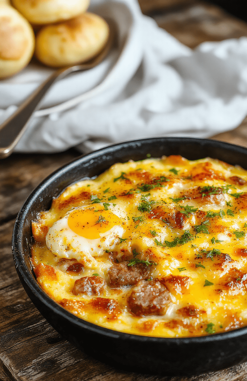 A colorful breakfast casserole featuring sliced sausages, fluffy scrambled eggs, melted cheese, and chopped herbs arranged attractively in a baking dish with a golden browned top, served on a rustic wooden table with natural daylight highlighting its textures.