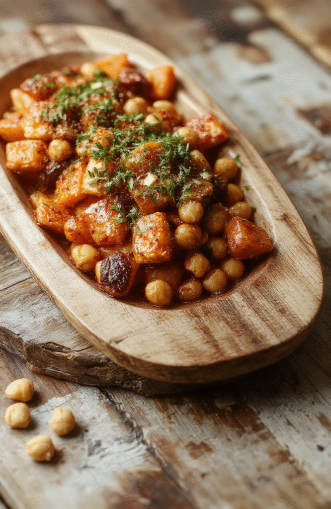 A vibrant plate of roasted carrots with golden crispy chickpeas on top, garnished with fresh herbs, arranged on a rustic white platter, featuring colorful roasted carrots with slightly caramelized edges and crunchy chickpeas, styled simply with natural lighting highlighting the textures and colors