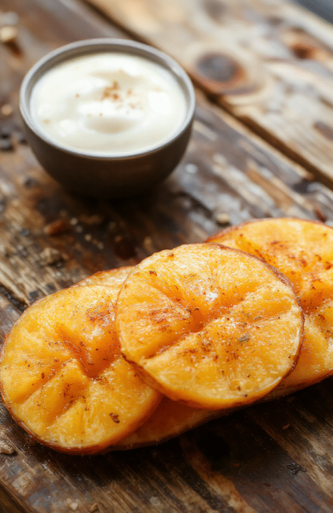 Colorful sweet potato rounds arranged neatly on a rustic wooden platter, garnished with fresh herbs, showcasing crispy edges and soft, vibrant orange centers, styled simply for an approachable look, natural daylight highlighting textures.