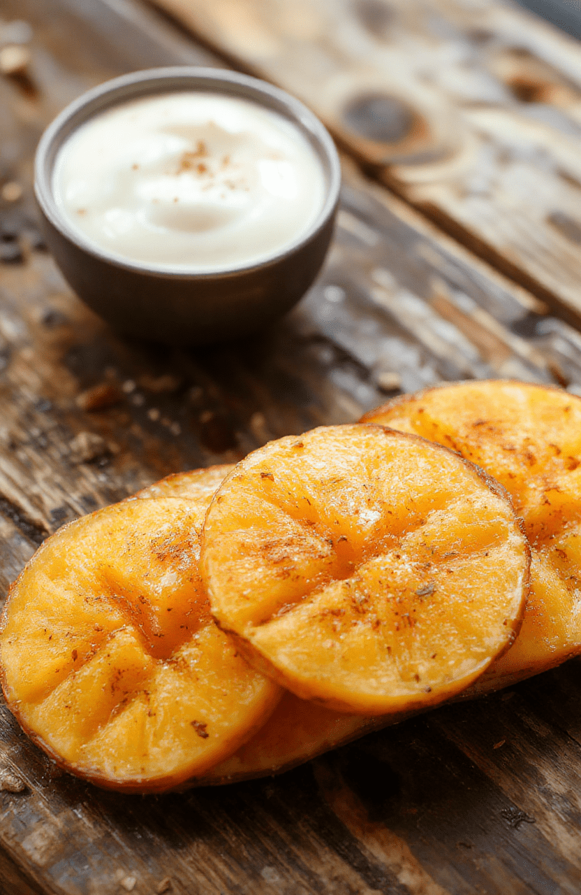 Colorful sweet potato rounds arranged neatly on a rustic wooden platter, garnished with fresh herbs, showcasing crispy edges and soft, vibrant orange centers, styled simply for an approachable look, natural daylight highlighting textures.