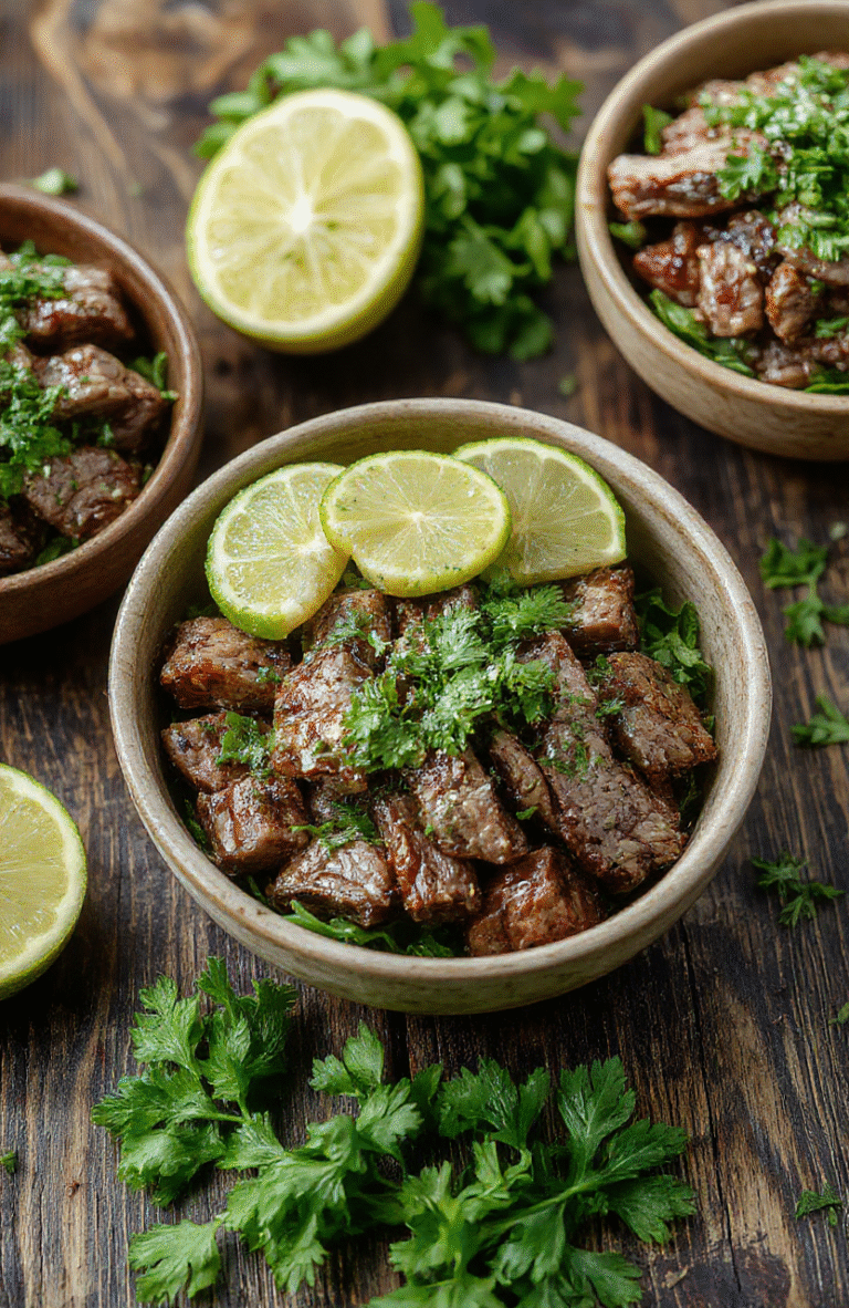 A vibrant plate of cilantro lime steak bowls featuring perfectly grilled sliced steak, fresh green cilantro, bright lime wedges, colorful vegetables, and a drizzle of sauce arranged invitingly on a rustic wooden table with a fresh lime and herbs garnish.