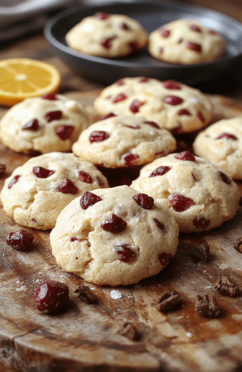 A vibrant plate of Zesty Orange Cranberry Cookies featuring bright orange zest and ruby-red cranberries, beautifully arranged on a rustic wooden surface with a hint of powdered sugar dusted on top, showcasing their textured, crunchy exterior and soft interior with visible fruit pieces.