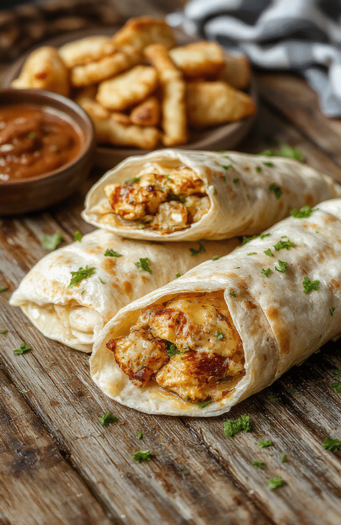 A close-up of cheesy garlic chicken wraps arranged on a white plate with fresh herbs, melted cheese visible, sliced open to show juicy chicken and flavorful fillings, styled on a rustic wooden table with natural lighting highlighting the textures and vibrant colors.