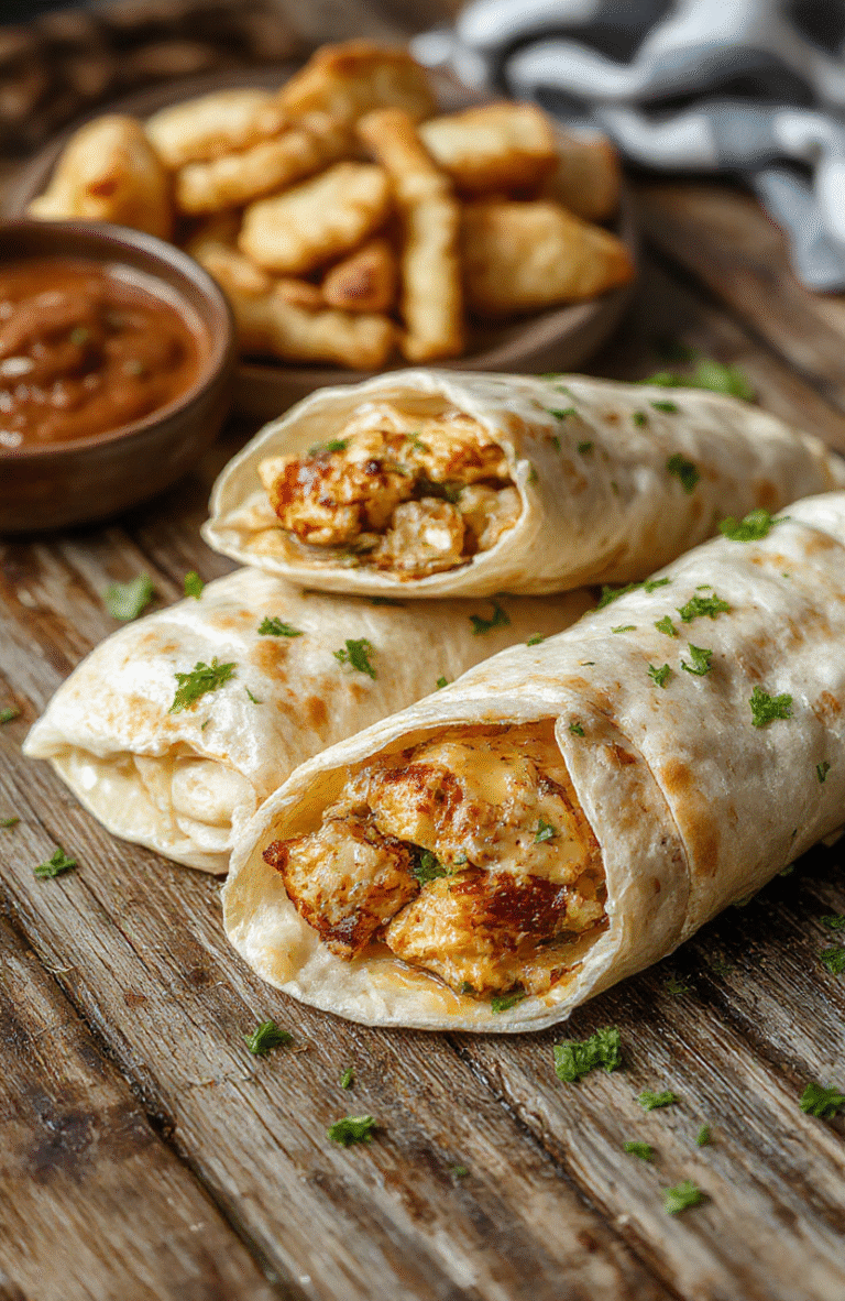 A close-up of cheesy garlic chicken wraps arranged on a white plate with fresh herbs, melted cheese visible, sliced open to show juicy chicken and flavorful fillings, styled on a rustic wooden table with natural lighting highlighting the textures and vibrant colors.